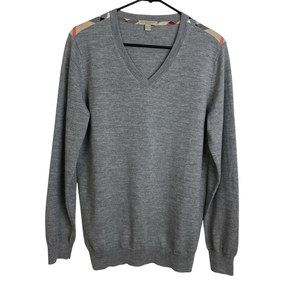 Burberry Gray V-Neck Crewneck Sweater with Check Shoulder Detail